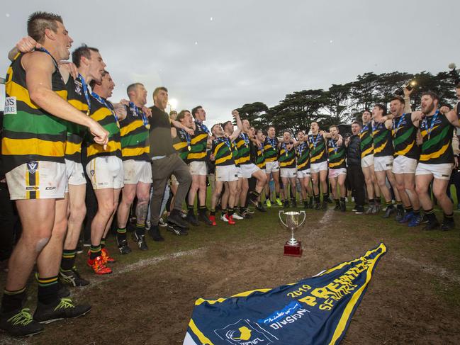 Dromana players with the cup and flag.