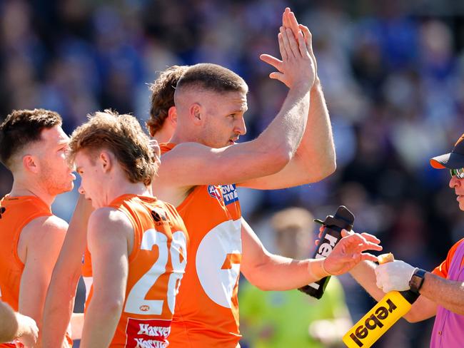 Hogan wrapped up the Coleman Medal in the Giants’ loss to the Bulldogs in Ballarat. Picture: Dylan Burns/AFL Photos via Getty Images