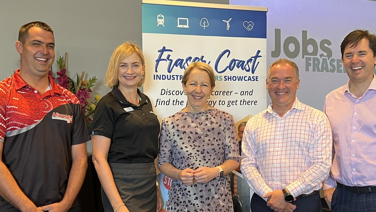 Allweld Manufacturing Director Josh Linwood, Jobs Fraser Coast Chair Michelle Hay, Minister for Employment Di Farmer, Member for Hervey Bay Adrian Tantari and Fraser Coast Mayor George Seymour launch this year’s Fraser Coast Industry &amp; Careers Showcase.