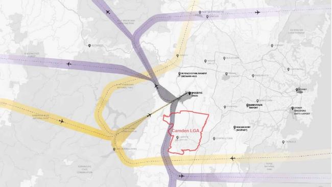 The plan has remained the same for night flight paths in southwest Sydney, but also included a northeast route for departing flights. Picture: Western Sydney Airport