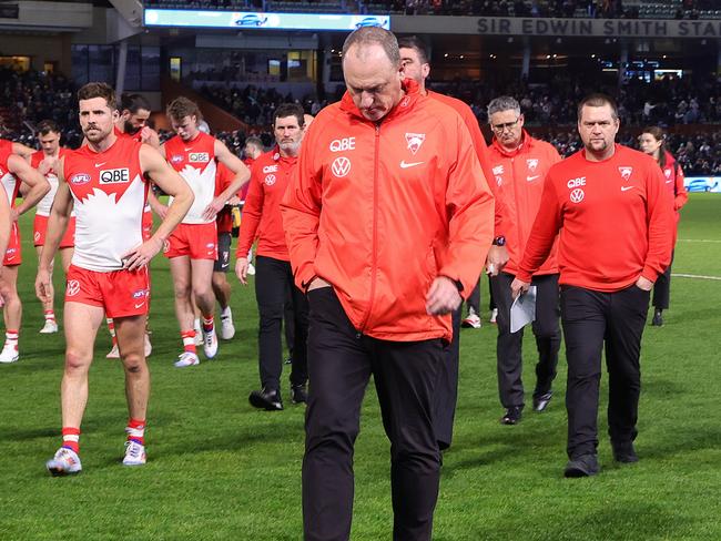 ADELAIDE, AUSTRALIA - AUG 03: John Longmire, Senior Coach of the Swans after the loss during the 2024 AFL Round 21 match between the Port Adelaide Power and the Sydney Swans at Adelaide Oval on August 03, 2024 in Adelaide, Australia. (Photo by Sarah Reed/AFL Photos via Getty Images)