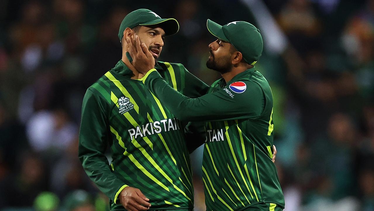 Babar Azam and Haris Rauf. Photo by Cameron Spencer/Getty Images