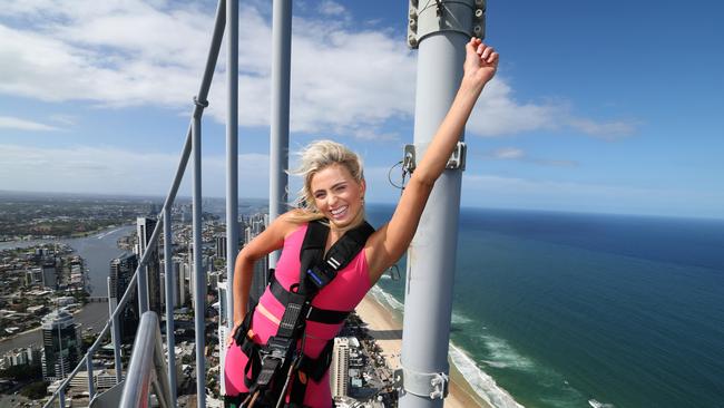 The sky is the limit in 2025 for Alexa Leary, up the SkyPoint Climb on top of the Q1 in Surfers Paradise. Picture: Annette Dew