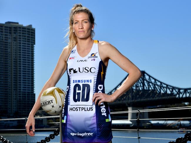 Karla Pretorius of the Sunshine Coast Lightning is seen posing for a photograph at the Eagle Street Pier in Brisbane, Thursday, August 9, 2018. The Firebirds and the Lightning will play each other in the Super Netball elimination semi-final in Brisbane on Sunday. (AAP Image/Darren England) NO ARCHIVING