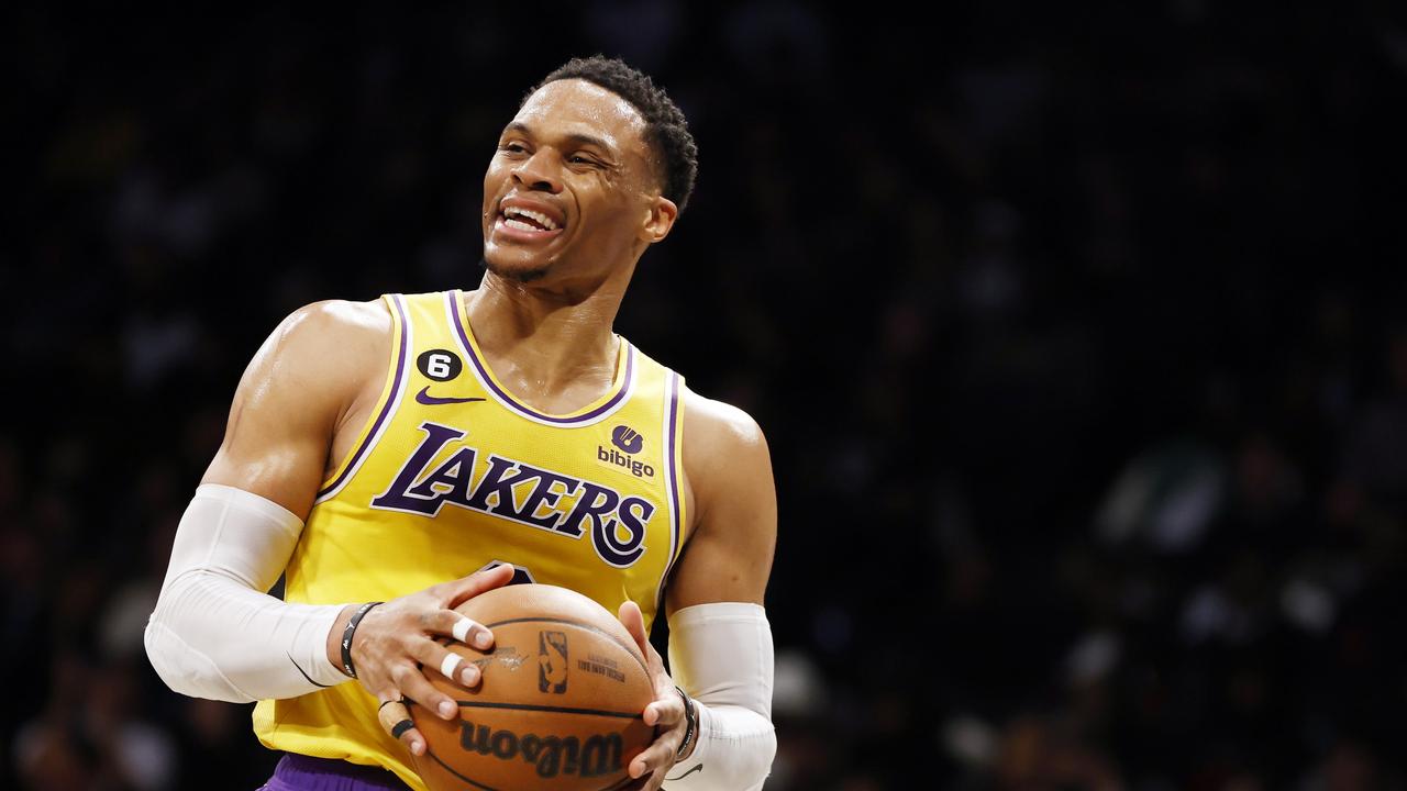 NEW YORK, NEW YORK - JANUARY 30: Russell Westbrook #0 of the Los Angeles Lakers reacts during the first half against the Brooklyn Nets at Barclays Center on January 30, 2023 in the Brooklyn borough of New York City. NOTE TO USER: User expressly acknowledges and agrees that, by downloading and/or using this photograph, User is consenting to the terms and conditions of the Getty Images License Agreement. (Photo by Sarah Stier/Getty Images)