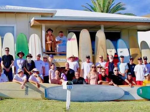 The Alexandra Headland Malibu Club members with Allan 'Clarkie' Clarke at Bunya Bunya. Photo: Simon Green