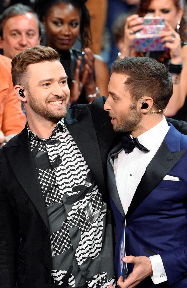 Justin Timberlake and host Mans Zelmerlow at Eurovision. Picture: AFP