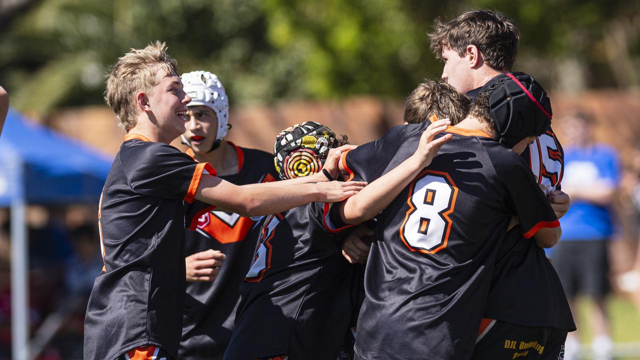 Southern Suburbs celebrate a try against Valleys in U13/14 boys Toowoomba Junior Rugby League grand final at Toowoomba Sports Ground. Picture: Kevin Farmer