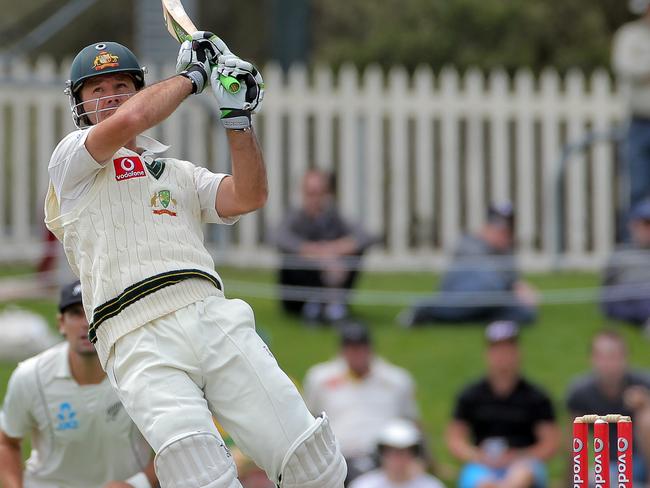 Test Cricket, Australia versus New Zealand (NZ) second (2nd) test at Blundstone Arena (Bellerive Oval), Australian batsman Ricky Ponting gets airborne as he pulls Trent Boult into the midfield for runs