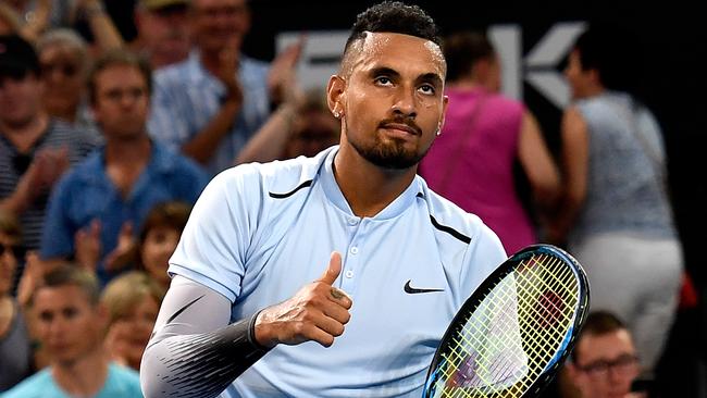 Nick Kyrgios celebrates after his Brisbane International victory. Picture: Getty Images