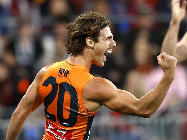 Giants James Peatling celebrates a goal during the AFL Semi Final match between the GWS Giants and Brisbane Lions at Engie Stadium on September 14, 2024. Photo by Phil Hillyard(Image Supplied for Editorial Use only - **NO ON SALES** - Â©Phil Hillyard )