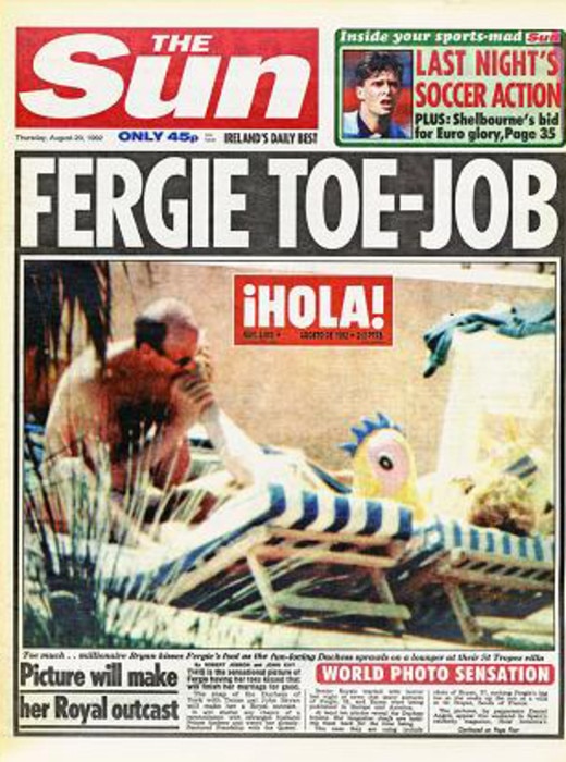 Front page of <i>The Sun</i> newspaper with Sarah Ferguson allegedly having her toes sucked by John Bryan in 1992.