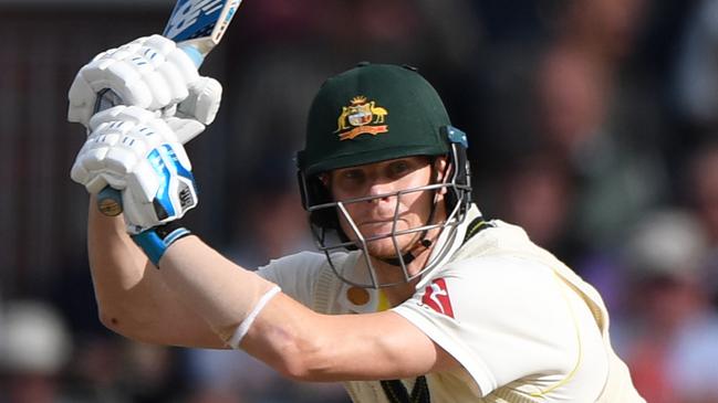 MANCHESTER, ENGLAND - SEPTEMBER 07: Australia batsman Steve Smith hits out during day four of the 4th Ashes Test Match between England and Australia at Old Trafford on September 07, 2019 in Manchester, England. (Photo by Stu Forster/Getty Images)