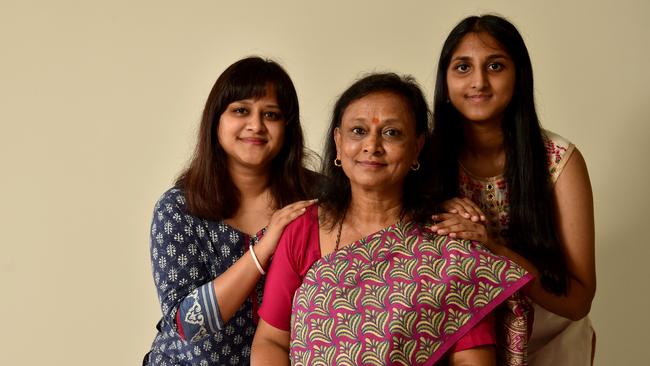 Kavitha Wali, with her daughters Samantha Lobbo and Shania Lobbo, has been stuck in Townsville because of COVID-19 since February last year. Picture: Evan Morgan