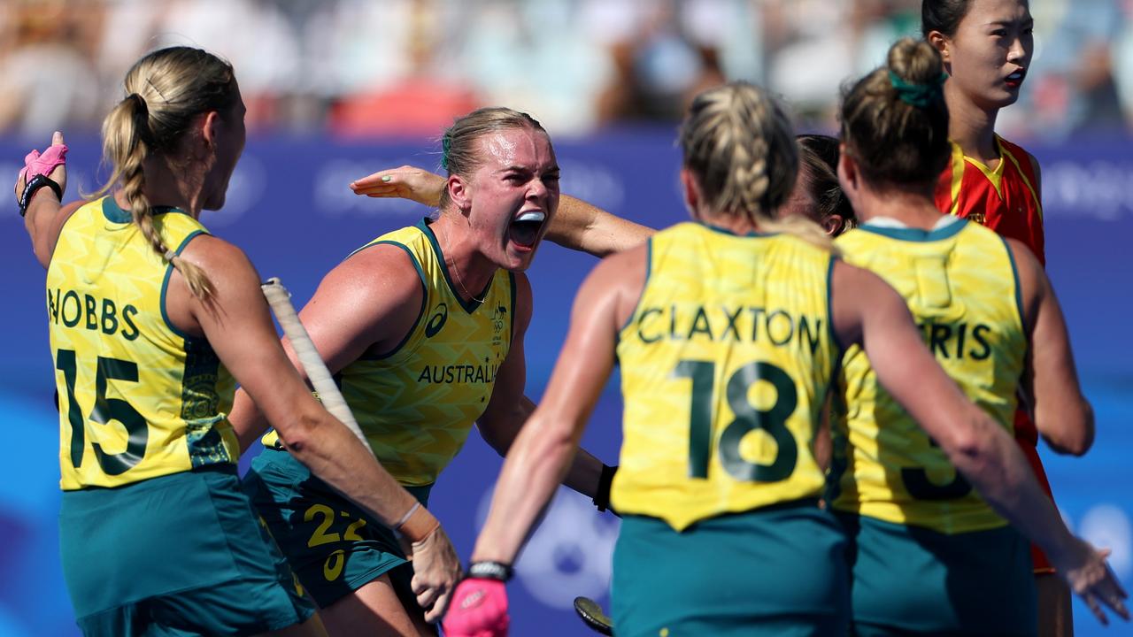 Tatum Stewart celebrates scoring a goal for Australia during the Olympics. Photo: Luke Hales/Getty Images.