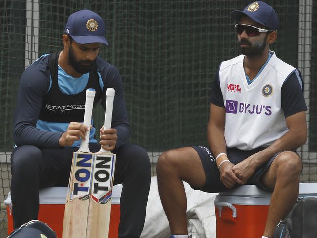 MELBOURNE, AUSTRALIA - DECEMBER 23: Cheteshwar Pujara of India (L) and Ajinkya Rahane of India chat during an Indian Nets Session at the Melbourne Cricket Ground on December 23, 2020 in Melbourne, Australia. (Photo by Daniel Pockett/Getty Images)