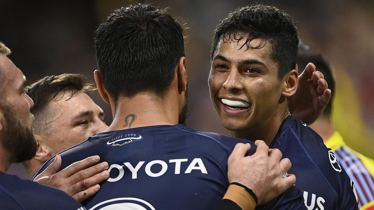 Heilum Luki celebrates after scoring a try during round 11. (Photo by Ian Hitchcock/Getty Images)