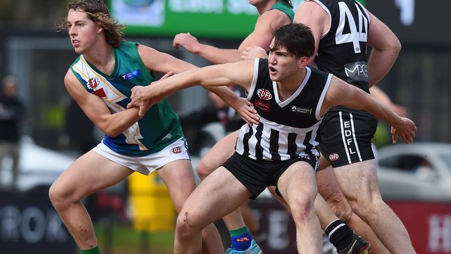 East Sunbury's Jack Burnell and Moonee Valley's Richard Potter. Picture: Josie Hayden