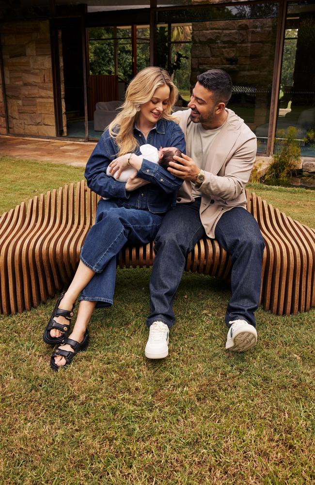 ‘I’m so glad she’s here!’ Simone Holtznagel, Jono Castano and their baby girl, Gia. Picture: Daniel Nadel for Stellar