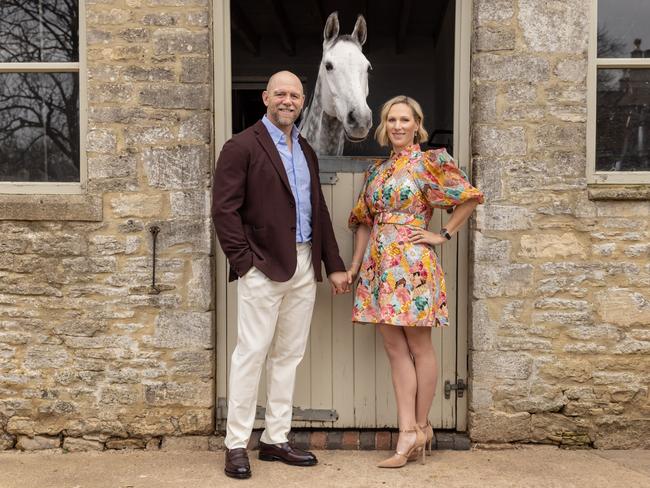 Zara and Mike Tindall with "Happenstance" at her farm on November 23, 2021 in Gloucestershire, England. Picture: Hollie Adams Styling: Kimberly Gardner and Annie Miall (Zara), and Daniel Johnston (Mike), styling sourced via Pacific Fair, major partner of Magic Millions. Zara wears Zimmerman, jewellery: Calleija. Hair &amp; Makeup: Alisia Ristevski