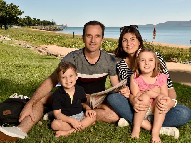 Townsville residents relaxing on the Strand after the relaxation of COVID-19 restrictions. Trent and Louisa Engel with Luca, 2, and Isabelle, 4, from Kirwan. Picture: Evan Morgan