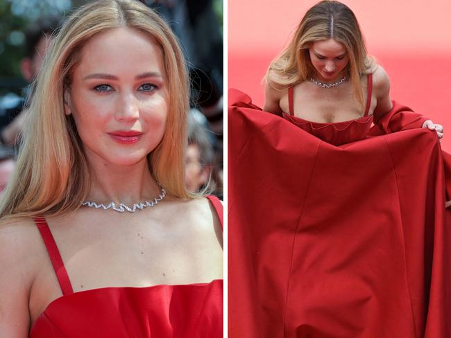 Jennifer Lawrence wore a billowing red Dior gown at Cannes.