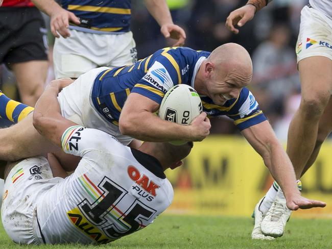 David Gower of the Eels is tackled during an NRL match between the Penrith Panthers and the Parramatta Eels. Picture: AAP