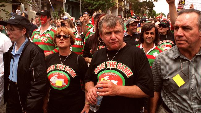 George Piggins joins thousands of protesting Souths fans march along Sydney streets during the rally in 2000 to reinstate the Rabbitohs into the NRL. Picture: Mick Tsikas