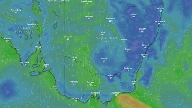 A cold snap is set to hit southeast Australia this week. Forecast temperatures at 6pm on May 4, 2021. Picture: Windy.com