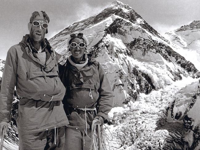 Edmund Hillary and Tenzing Norgay on Mount Everest.