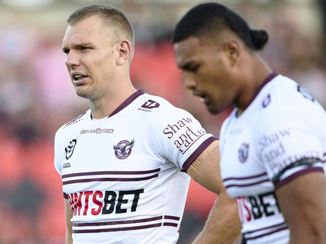 PENRITH, AUSTRALIA - APRIL 08: Tom Trbojevic of the Sea Eagles warms up during the round six NRL match between Penrith Panthers and Manly Sea Eagles at BlueBet Stadium on April 08, 2023 in Penrith, Australia. (Photo by Brett Hemmings/Getty Images)