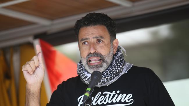 A speaker at the pro-Palestine outside the State Library. Picture: David Crosling