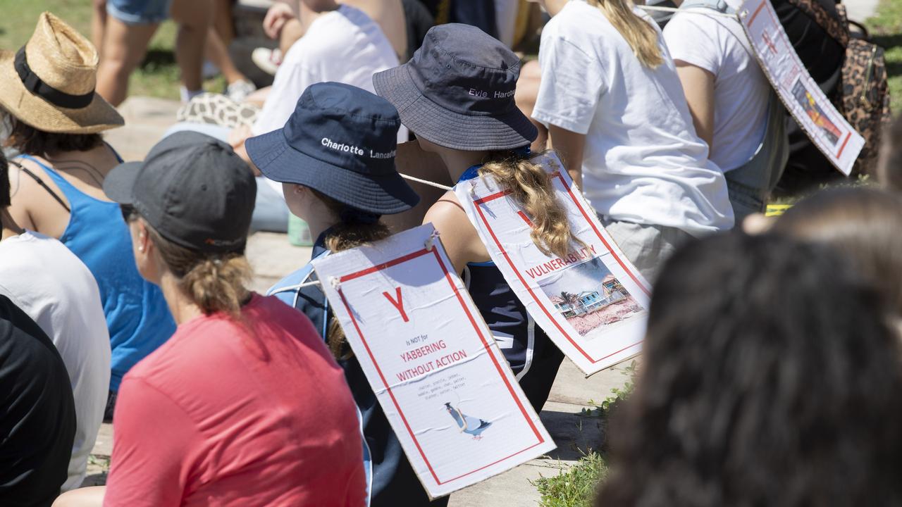 Gold Coast school students at a climate change protest outside the Varsity Lakes office of Minister Karen Andrews. Picture: Bond Newsroom