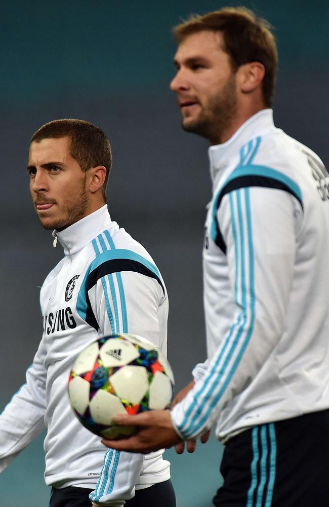 Chelsea's Eden Hazard (l) and Branislav Ivanovic at their training session on Monday night.