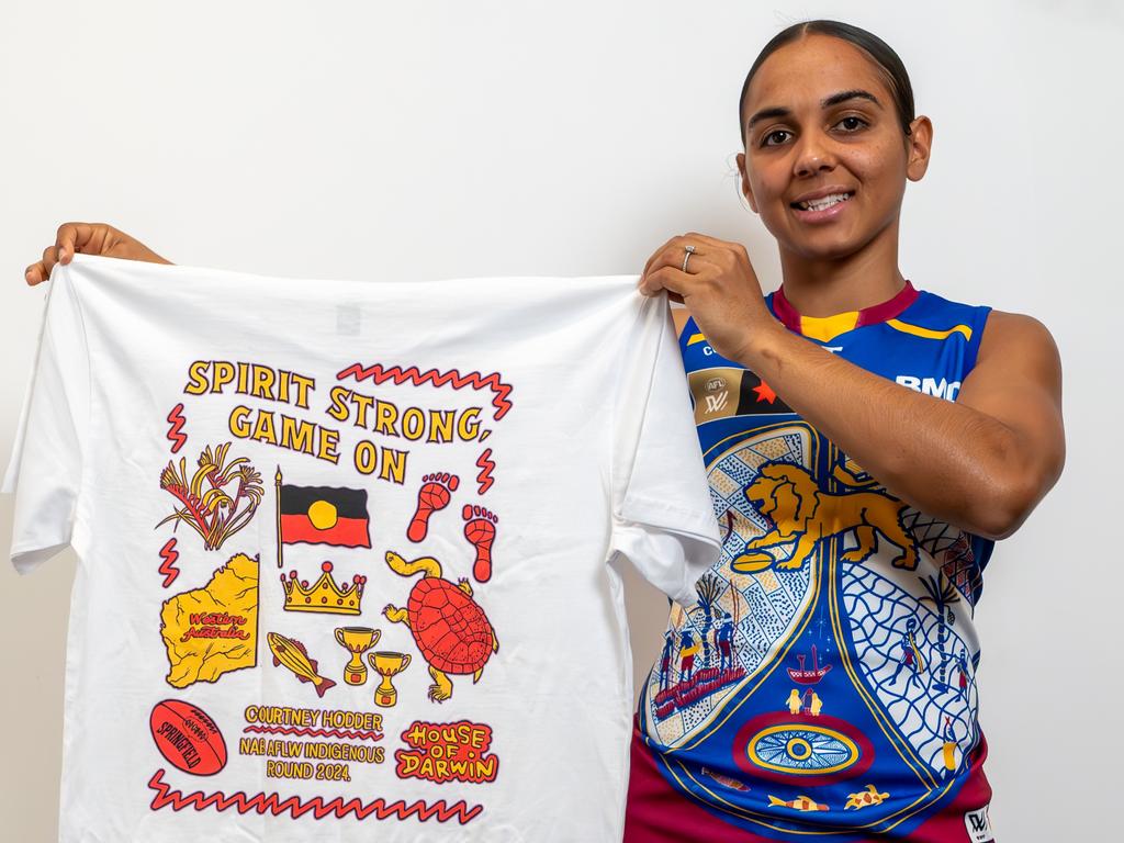 Dual Premiership player Courtney Hodder proudly displaying her Indigenous Round and Spirit Strong, Game On themed limited-edition House of Darwin t-shirt. Picture: AFL Media.