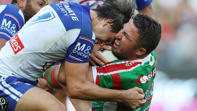 Lachlan Lewis and Sam Burgess had a running battle the entire game.