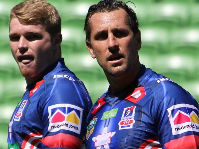 Mitchell Pearce in his first appearance for the Newcastle Knights against Melbourne Storm in a behind-closed-doors match at AAMI Park. Pictures: Supplied