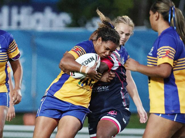 Roos captain Genavie Tabuai runs hard in the Far North Queensland Rugby League (FNQRL) women's grand final match against the Atherton Roosters at Barlow Park. Picture: Brendan Radke