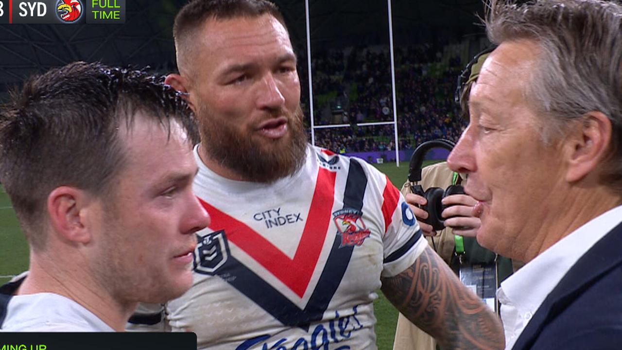 Craig Bellamy's post-match moment with Roosters stars Luke Keary and Jared Waerea-Hargreaves.