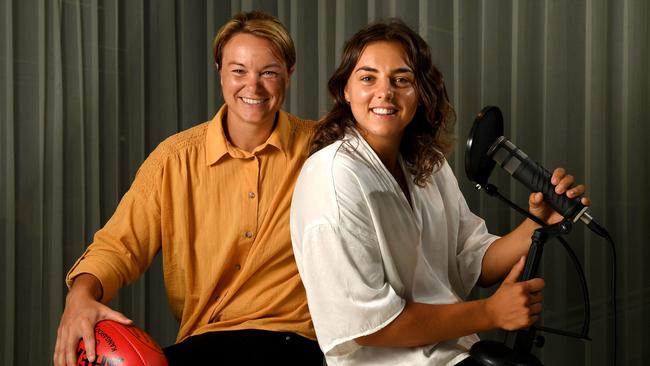 Crows AFLW stars Courtney Cramey and Ebony Marinoff at the launch of the women’s football podcast CJ and the Noff. Picture: Tricia Watkinson