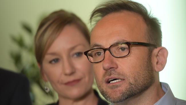 Adam Bandt with Larissa Waters after the Greens partyroom ballot. Picture: Getty Images.