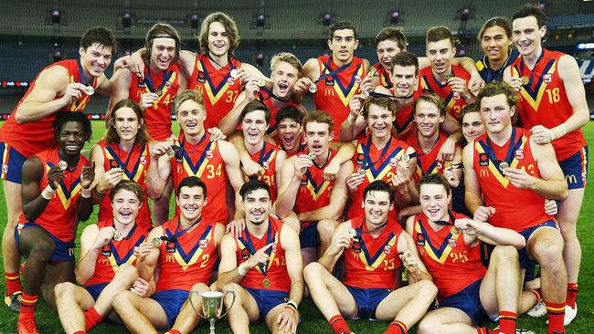 South Australia players celebrate the win during the U18 AFL Championship match between Vic Metro and South Australia at Etihad Stadiumin July. Picture: Getty Images