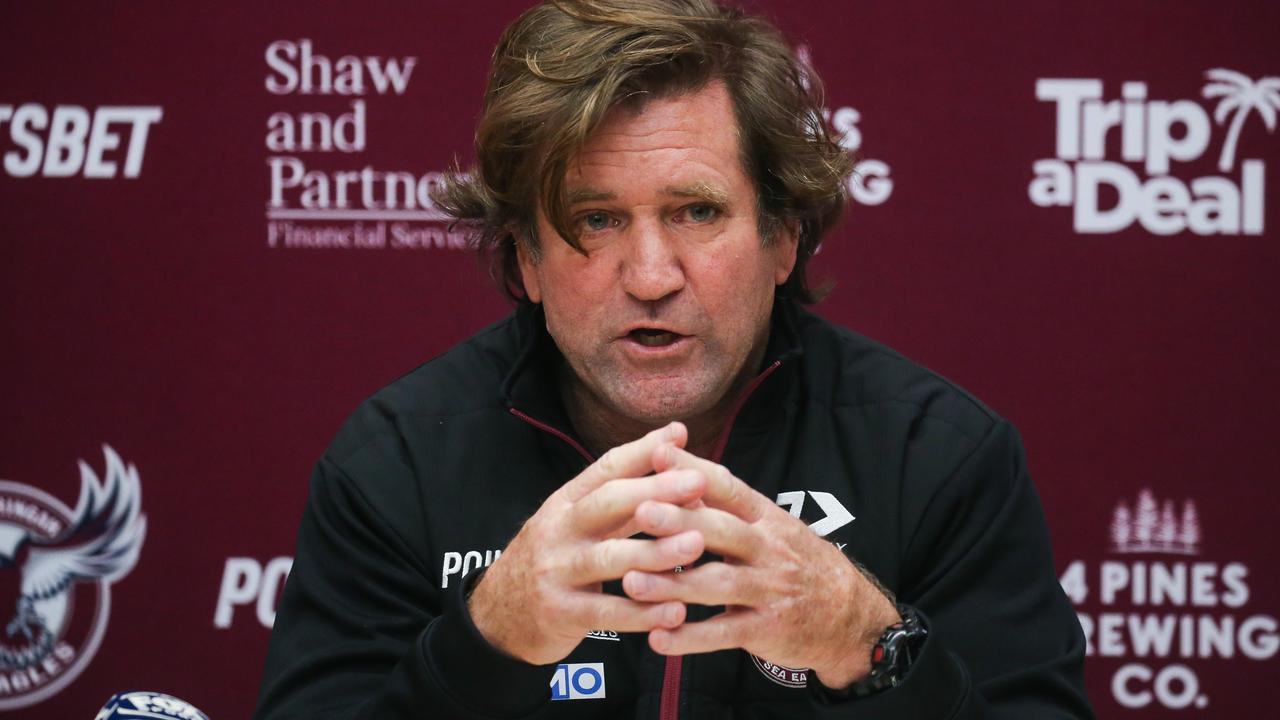 SYDNEY, AUSTRALIA - NCA NewsWire Photos - July 26, 2022: Manly Sea Eagles Coach Des Hasler addresses the media in a press conference in Sydney. Manly has been plunged into chaos with a host of players considering pulling out of Thursday nightâ&#128;&#153;s clash against the Sydney Roosters because of the clubâ&#128;&#153;s inclusive jersey. Picture: NCA Newswire / Gaye Gerard