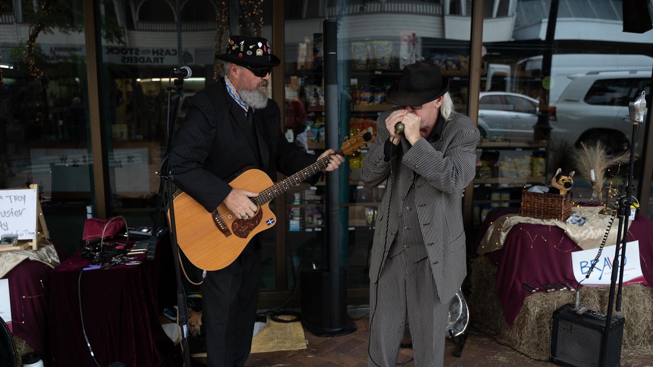 The Wolfhound and Whippet, Troy Dwyer and Pete Clacksln play in Mary St as part of Buskers on Mary in Gympie. August 18, 2023. Picture: Christine Schindler