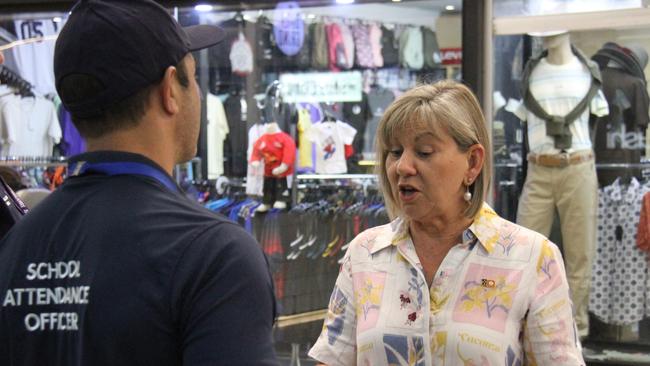 School attendance officers talk to NT minister for education and training Jo Hersey patrol Yeperenye Shopping Centre in Alice Springs on Thursday, February 6, 2025. Picture: Gera Kazakov