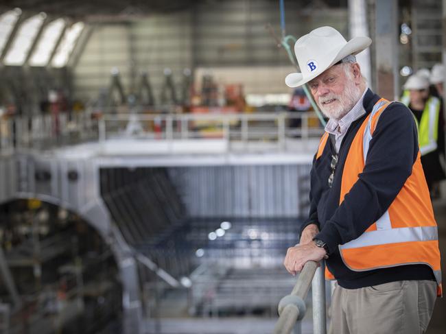 Incat Founder Robert Clifford with the battery electric ship under construction at Hobart. Picture: Chris Kidd