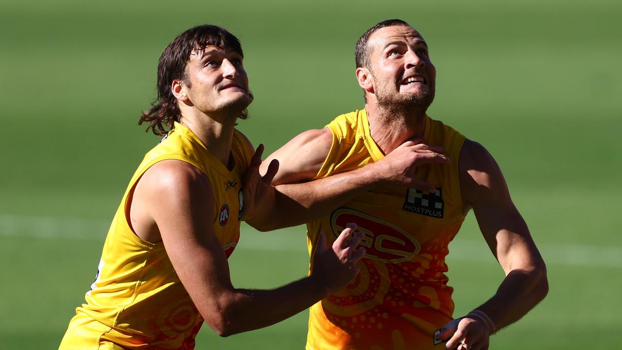 Hardwick says he’s reluctant to pick Ned Moyle (left) and co-captain Jarrod Witts in the same side despite Moyle’s strong form. Picture: Chris Hyde / Getty Images