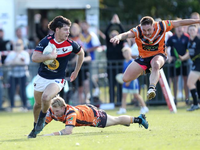 Eagles Tim Fitzpatrick goes into score try Central Coast Rugby League Reserve Grande Erina Eagles win against The Entrance Tigers Grand Final  Panthers win against Tigers 18 to4 Woy Woy Oval Sunday 20th August 2023.pic Sue Graham