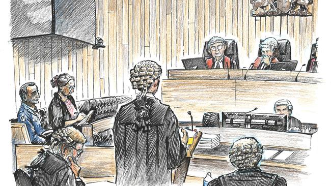 A sketch of Sue Neill-Fraser during her appeal in the Supreme Court of Tasmania in Hobart on March 3, 2021. Credit: Christopher Downes