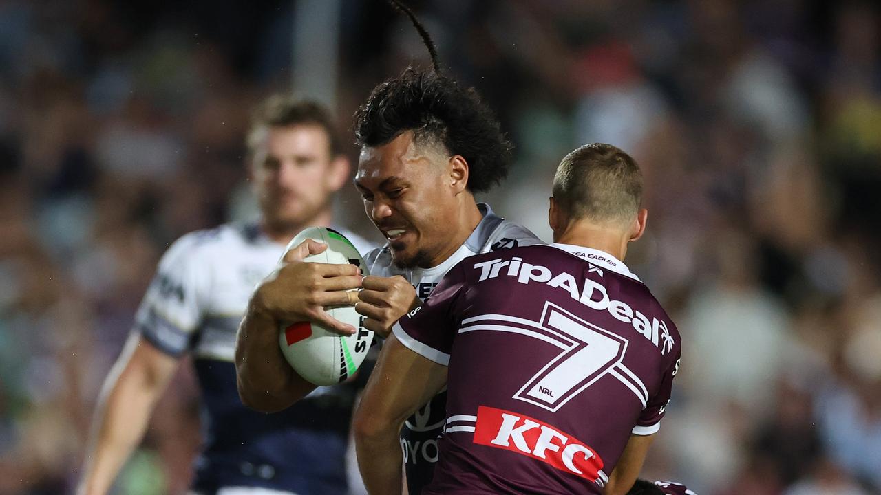 Jeremiah Nanai of the Cowboys is tackled during the round one NRL match between Manly Sea Eagles and North Queensland Cowboys at 4 Pines Park, on March 08, 2025, in Sydney, Australia. (Photo by Cameron Spencer/Getty Images)